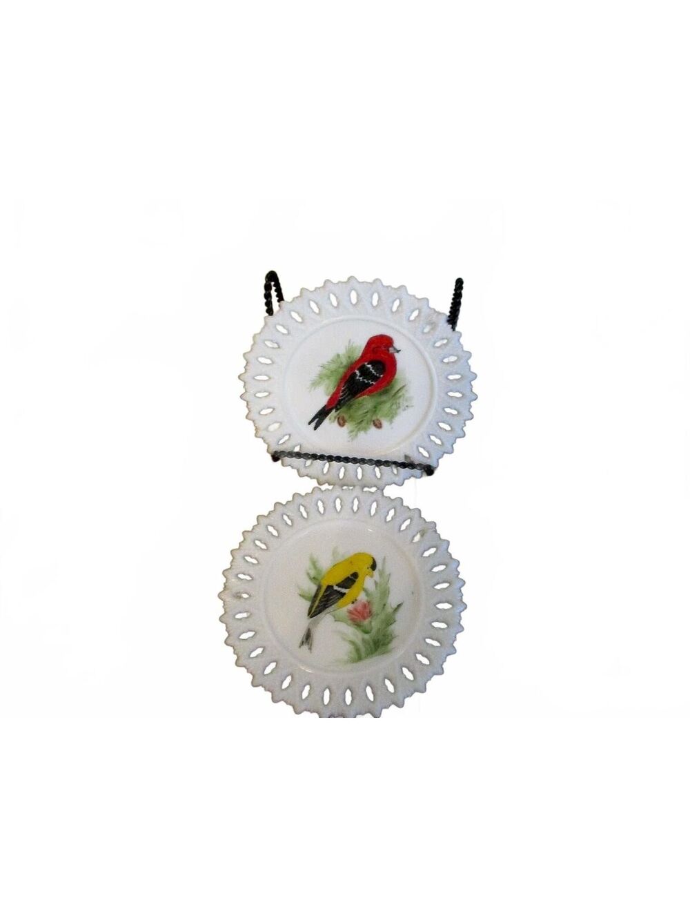 Pair of Vintage Milk Glass Reticulated Lace-Edge Plates with Hand-Painted Songbi
